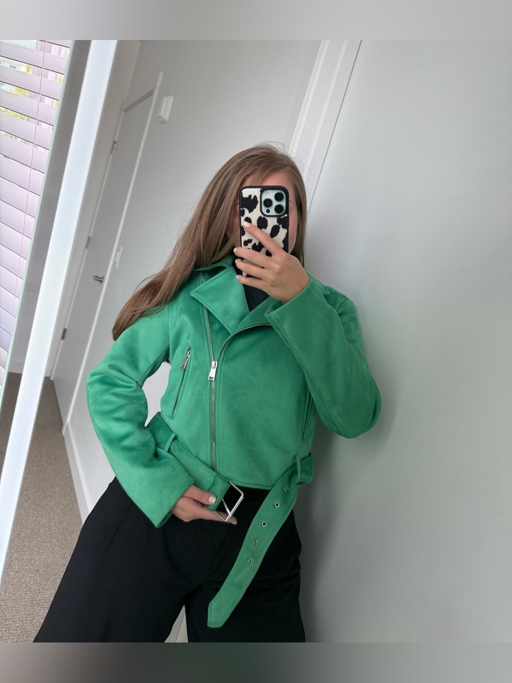 ZARA GREEN FAUX SUEDE BIKE JACKET WITH Zippers And Belt Size M